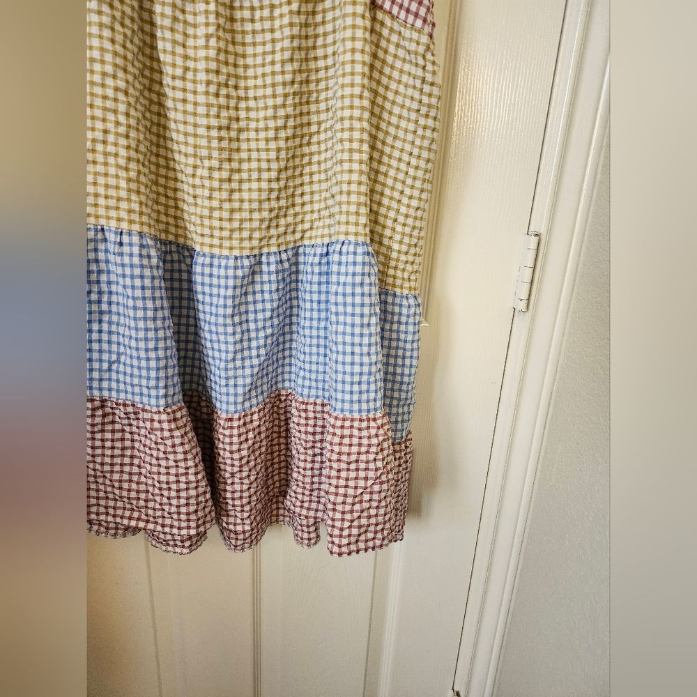 Boutique Gingham Blue Yellow Brown Plaid Ruffle Tiered Mini Dress XL - Picture 4 of 9